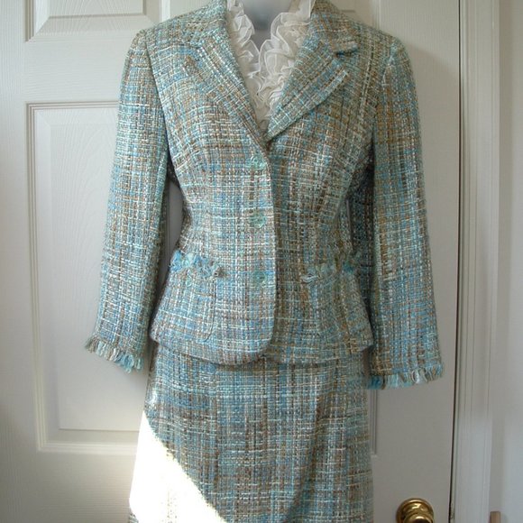 Jonathan Martin Tweed Suit Blazer Skirt Fringed - Picture 2 of 13